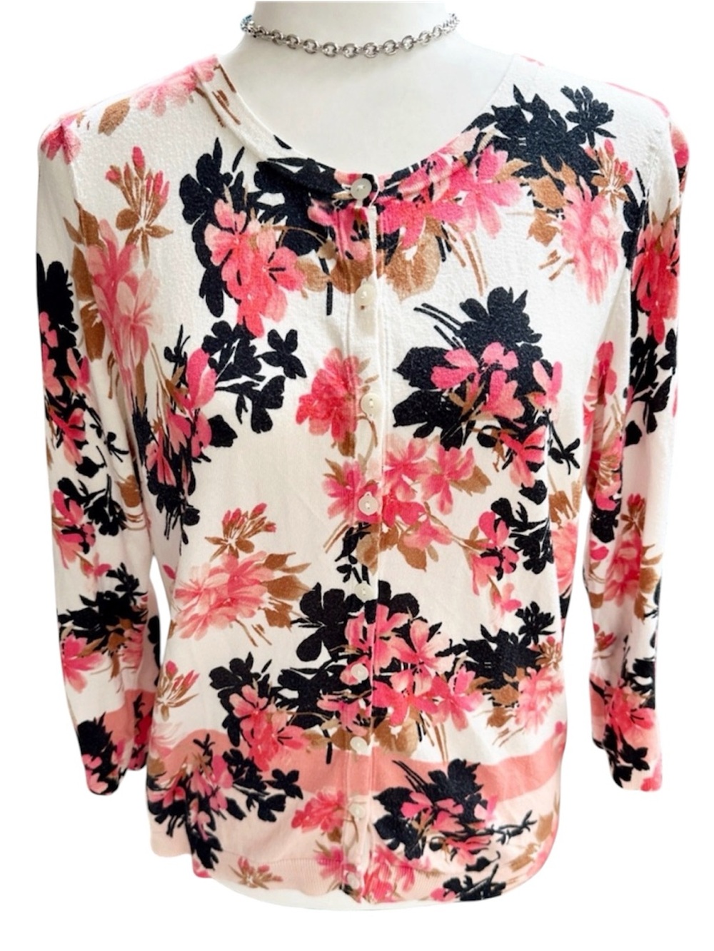 Talbots Floral Cardigan | Women’s Size LP | 60% Cotton Rayon Blend | Pink Black